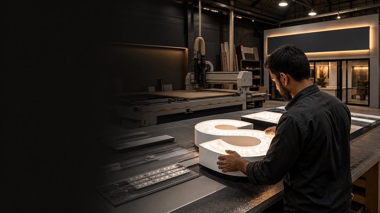 Signage specialist assembling an illuminated dimensional letter in a production workshop