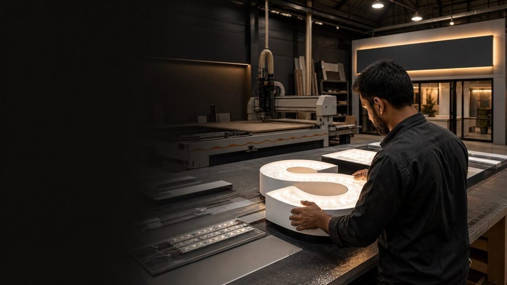 Signage specialist assembling illuminated dimensional lettering